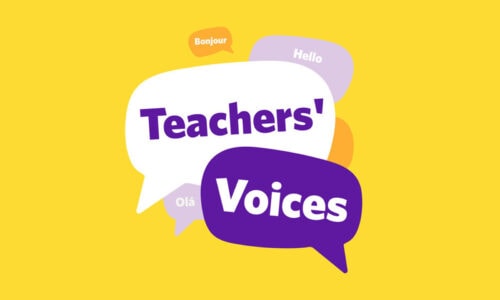 Teachers' Voices logo of speech bubbles saying hello in different languages.